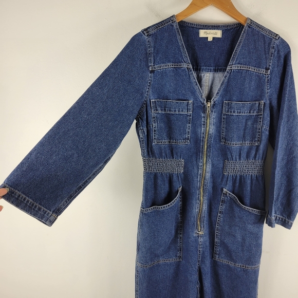 Madewell Patch Pocket V Neck Staight Ankle Zip Up Denim Jumpsuit Coveralls - Picture 3 of 12